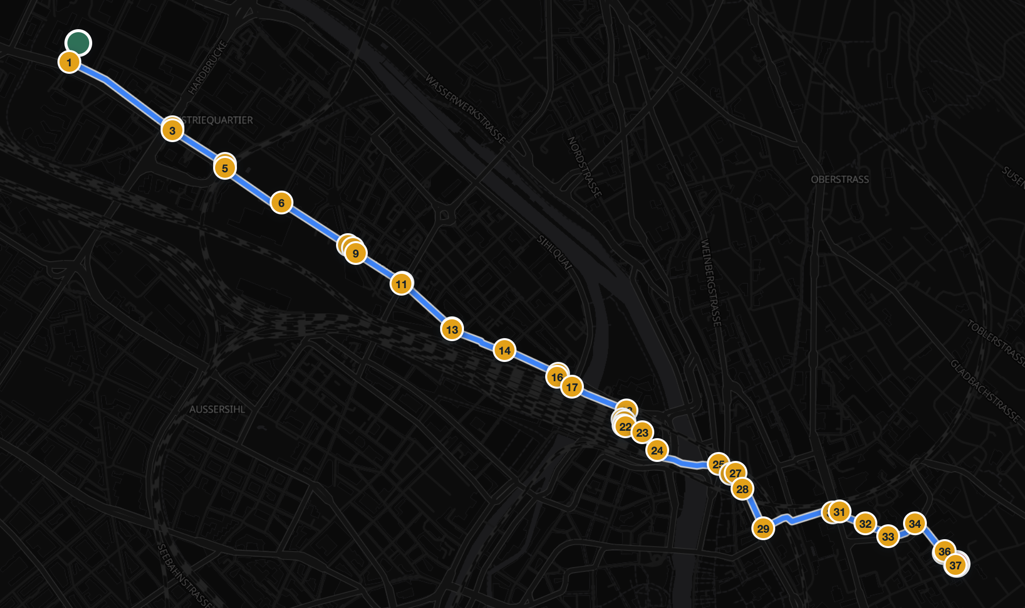 Long visually straight route with 37 instruction markers strung along it