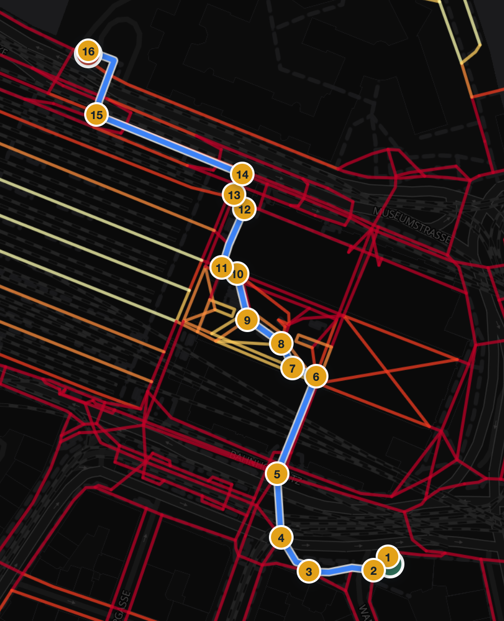 Route through Zürich Hauptbahnhof with 16 instruction markers clustered inside the station